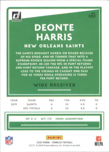 2020 Donruss Press Proof Red 180 Deonte Harris New Orleans Saints Football Card