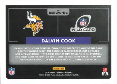 Back of 2020 Donruss Road to the Super Bowl Wild Card card showing Vikings info