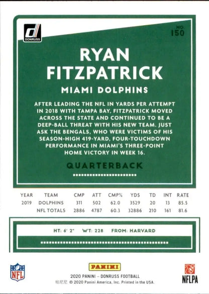 Donruss Ryan Fitzpatrick Yellow Miami Dolphins Football Card NFL #150 for collectors