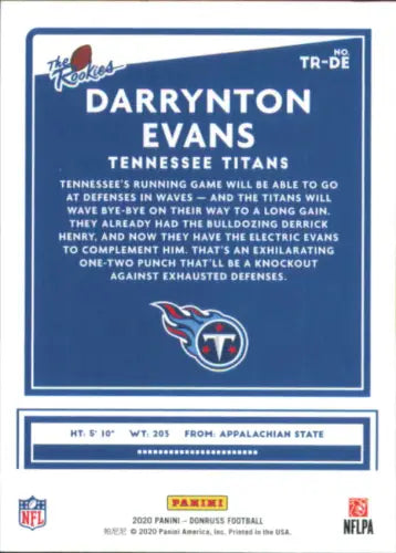 Darrynton Evans Tennessee Titans rookie card from 2020 Donruss The Rookies set