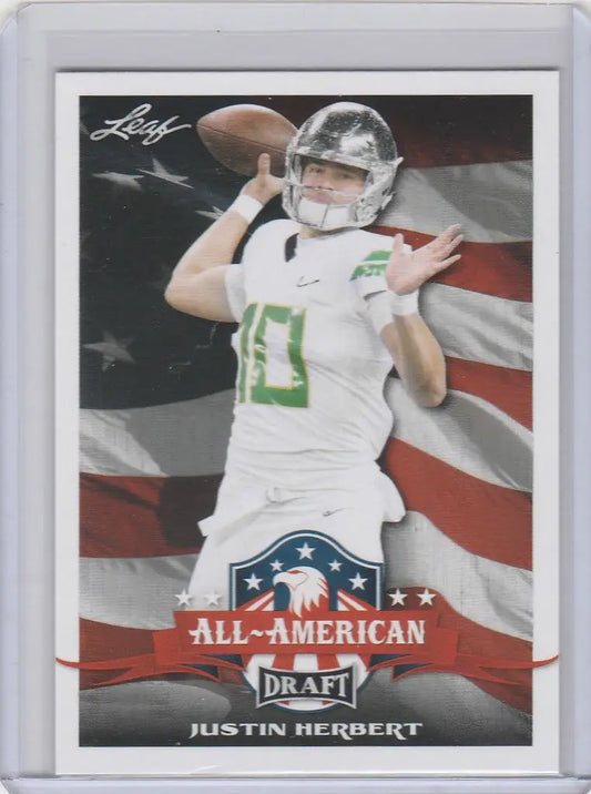 Justin Herbert Football trading card, Los Angeles Chargers quarterback with American flag backdrop