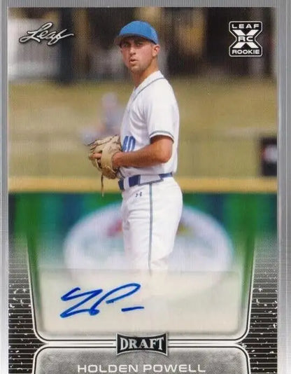 Baseball card of pitcher in white uniform with blue cap, 2020 Leaf Draft Baseball Auto