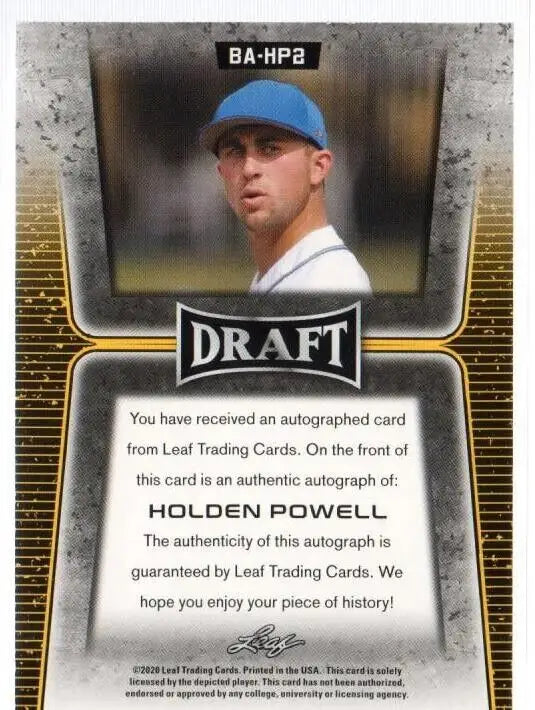 Baseball trading card of Holden Powell with Leaf Draft Baseball autograph authentication