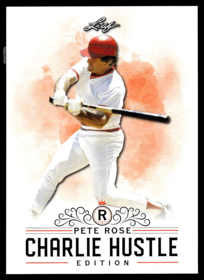 Pete Rose Charlie Hustle #1 Baseball Card of player in white uniform with red cap