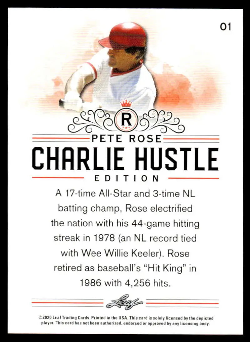 Pete Rose Charlie Hustle #1 Baseball Card with stats and red cap uniform design