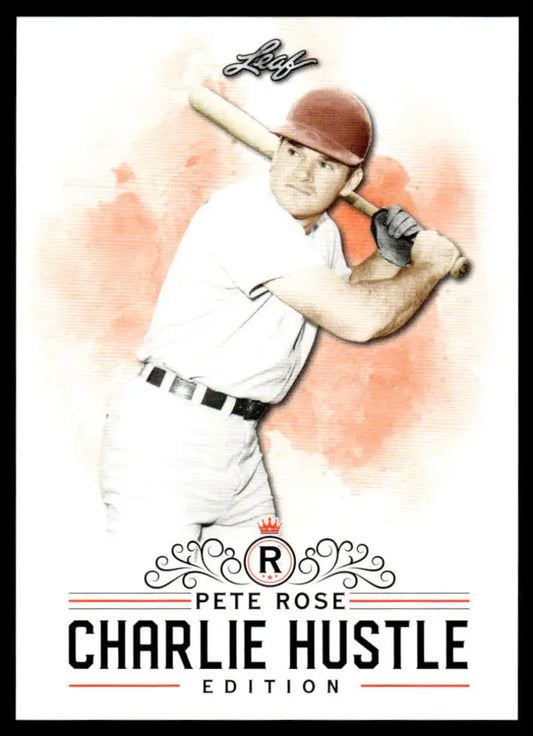 Baseball card artwork of Pete Rose in white uniform with bat for Leaf Pete Rose Charlie Hustle