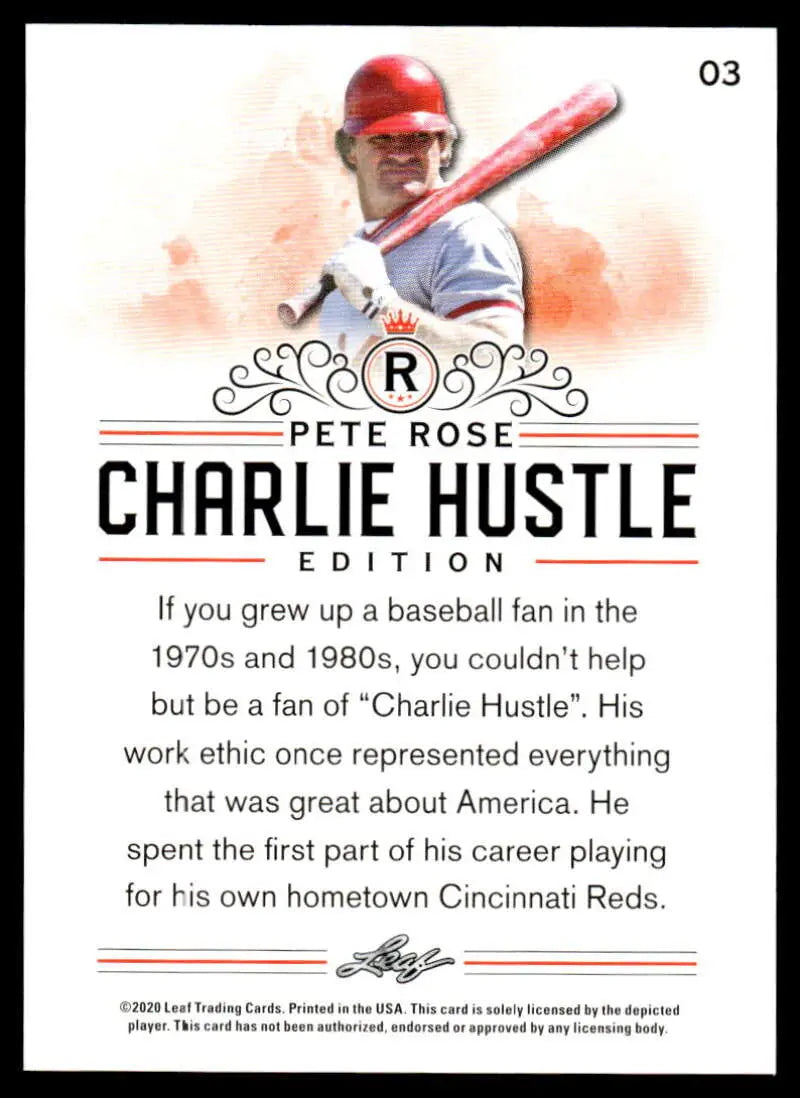 Baseball card featuring ornate text and a player silhouette of Pete Rose Charlie Hustle