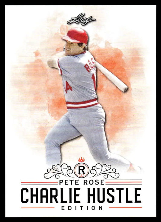 Baseball card of Pete Rose in batting stance against orange watercolor background