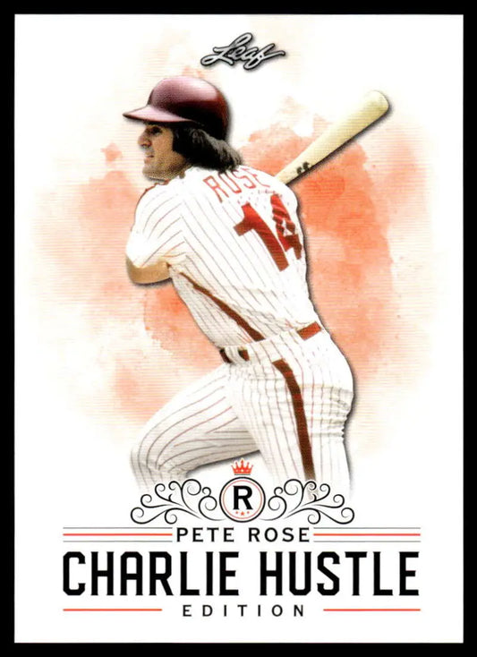 Baseball trading card of Pete Rose in pinstriped uniform from 2020 Leaf Charlie Hustle