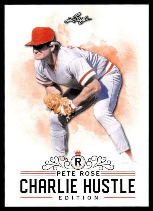 Pete Rose fielding a ground ball on the 2020 Leaf Charlie Hustle Baseball Card