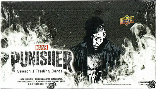 Box of trading cards featuring gritty character portrait from Punisher Season 1