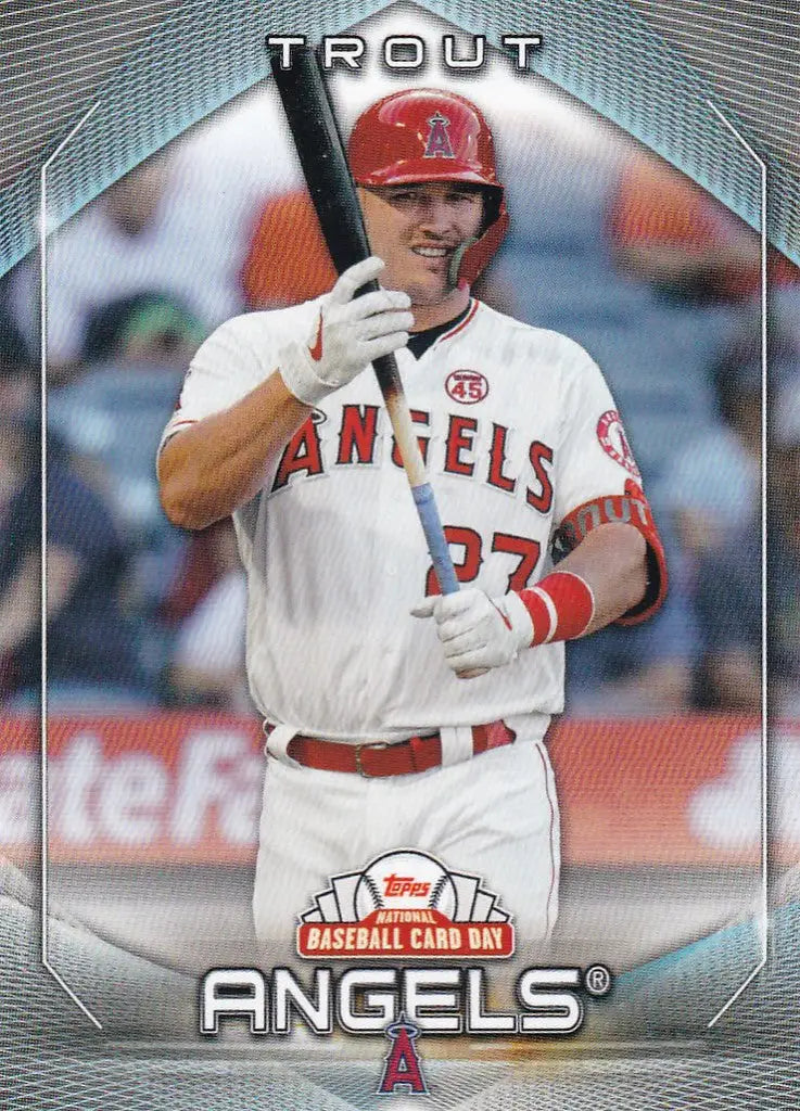 Mike Trout Angels player in white and red uniform with number 27 for National Baseball Card Day