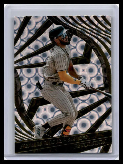 Baseball player in pinstriped uniform swinging bat for San Diego Padres card