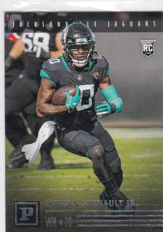 Football player in Jacksonville Jaguars uniform carrying football from Panini Chronicles Laviska Shenault RC