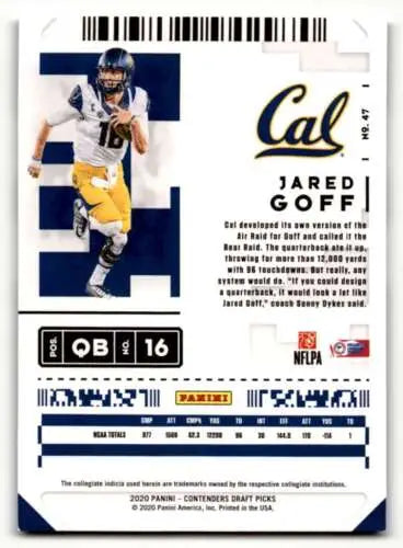 Jared Goff football card from 2020 Panini Contenders Draft Picks with original gloss