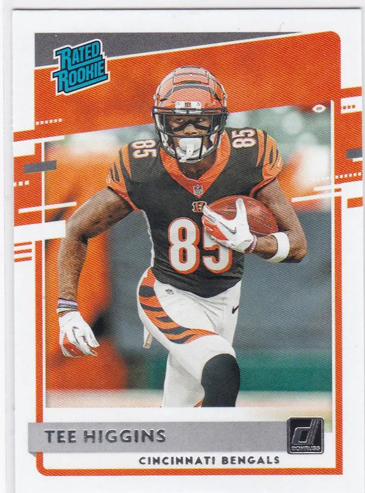 Football trading card of Tee Higgins running, 2020 Panini Donruss RC Cincinnati Bengals