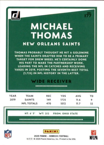 Michael Thomas Blue football card from 2020 Panini Donruss NFL #177 featuring New Orleans Saints