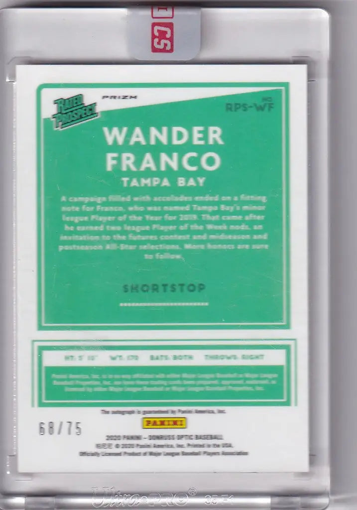 Baseball card of Wander Franco Tampa Bay Rays in protective case, Donruss Optic Prizm