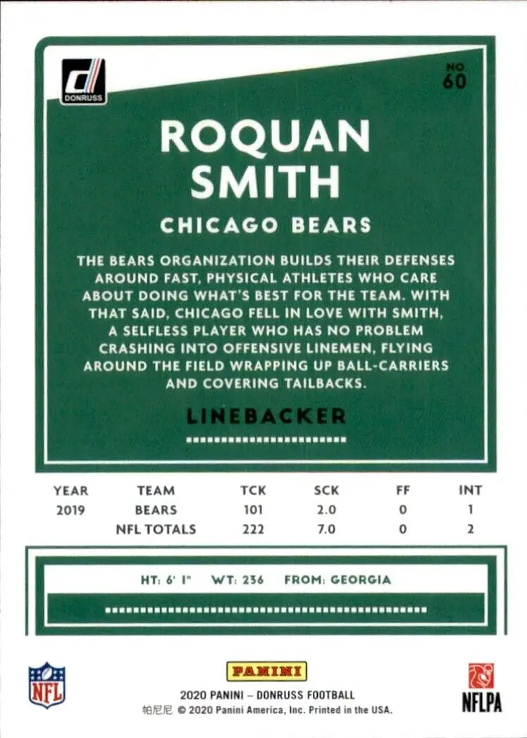 Roquan Smith Press Proof Blue Chicago Bears NFL Football Card from 2020 Panini Donruss