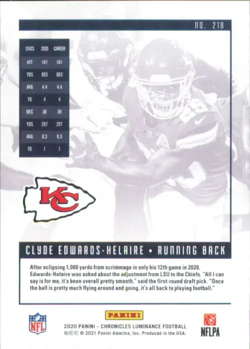 2020 Panini Luminance #218 Clyde Edwards Helaire Chronicles Rookie Chiefs NM-MT