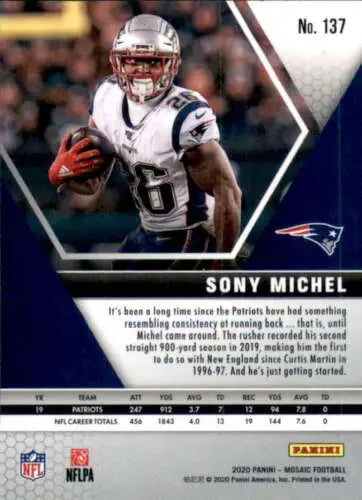 Football card of Sony Michel from 2020 Panini Mosaic featuring original gloss finish