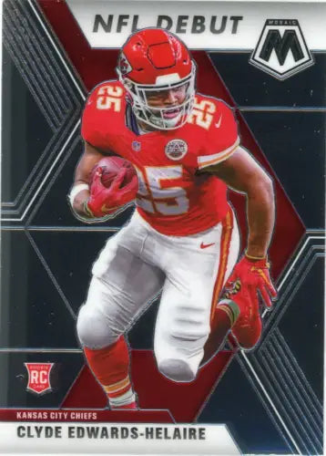 Clyde Edwards-Helaire NFL debut trading card from 2020 Panini Mosaic Kansas City Chiefs