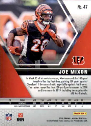 Joe Mixon 2020 Panini Mosaic trading card in Bengals uniform with original gloss finish