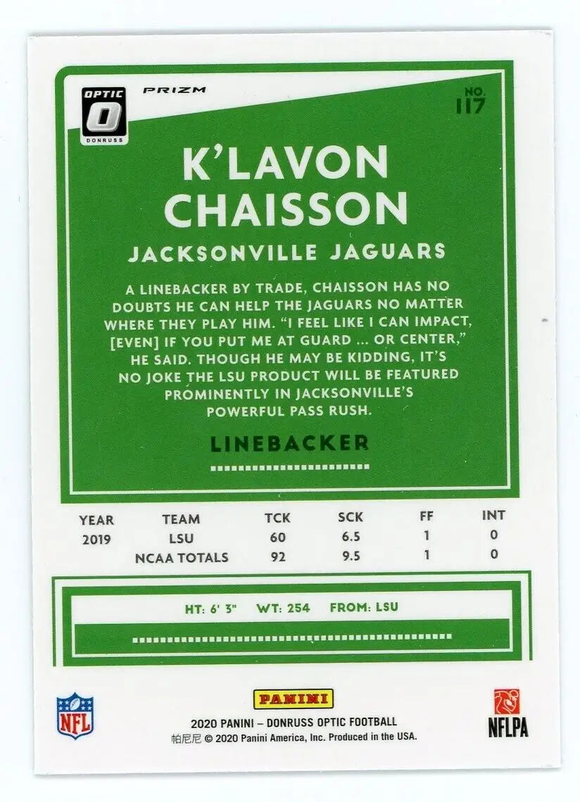 K’Lavon Chaisson football card from 2020 Panini Optic Klavon Holo Rookie Jaguars