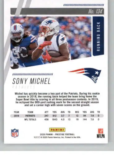 Football trading card of Sony Michel from 2020 Panini Prestige with original gloss