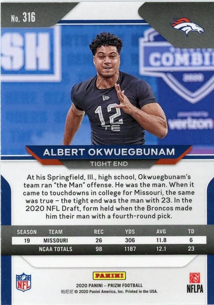 Panini Prizm Albert Okwuegbunam Rookie Chicago Bears Football Card #316 NM