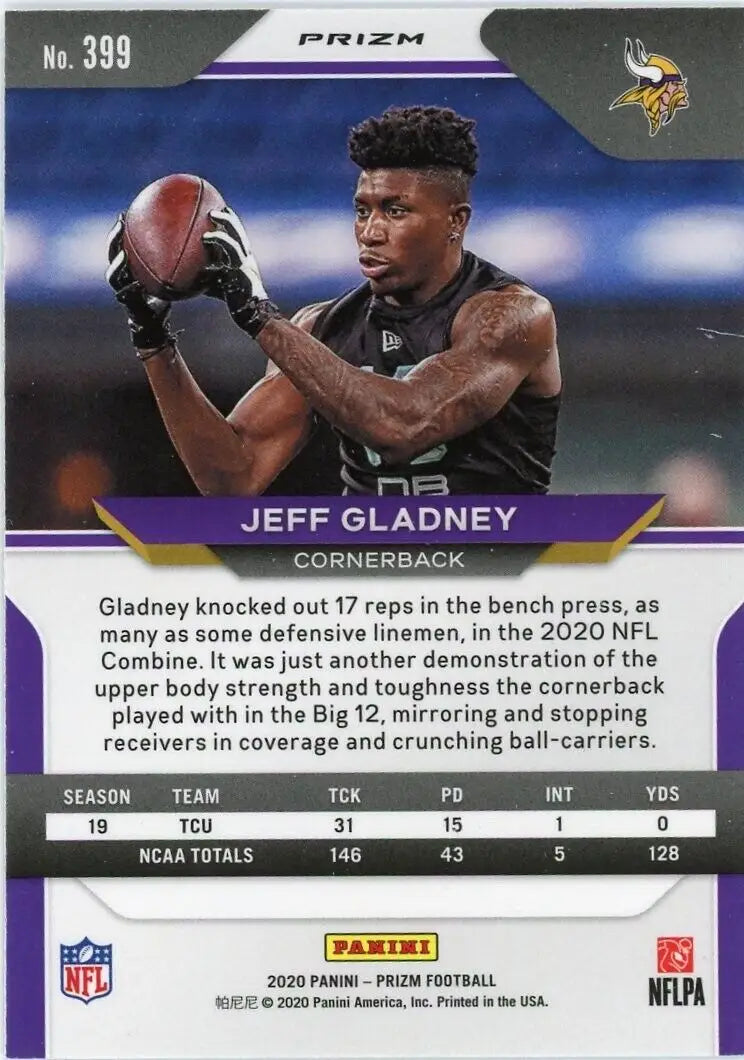 Jeff Gladney Rookie Silver Football Card from 2020 Panini Prizm Minnesota Vikings