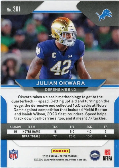 Julian Okwara Rookie Card from 2020 Panini Prizm, #361, Detroit Lions NFL Football