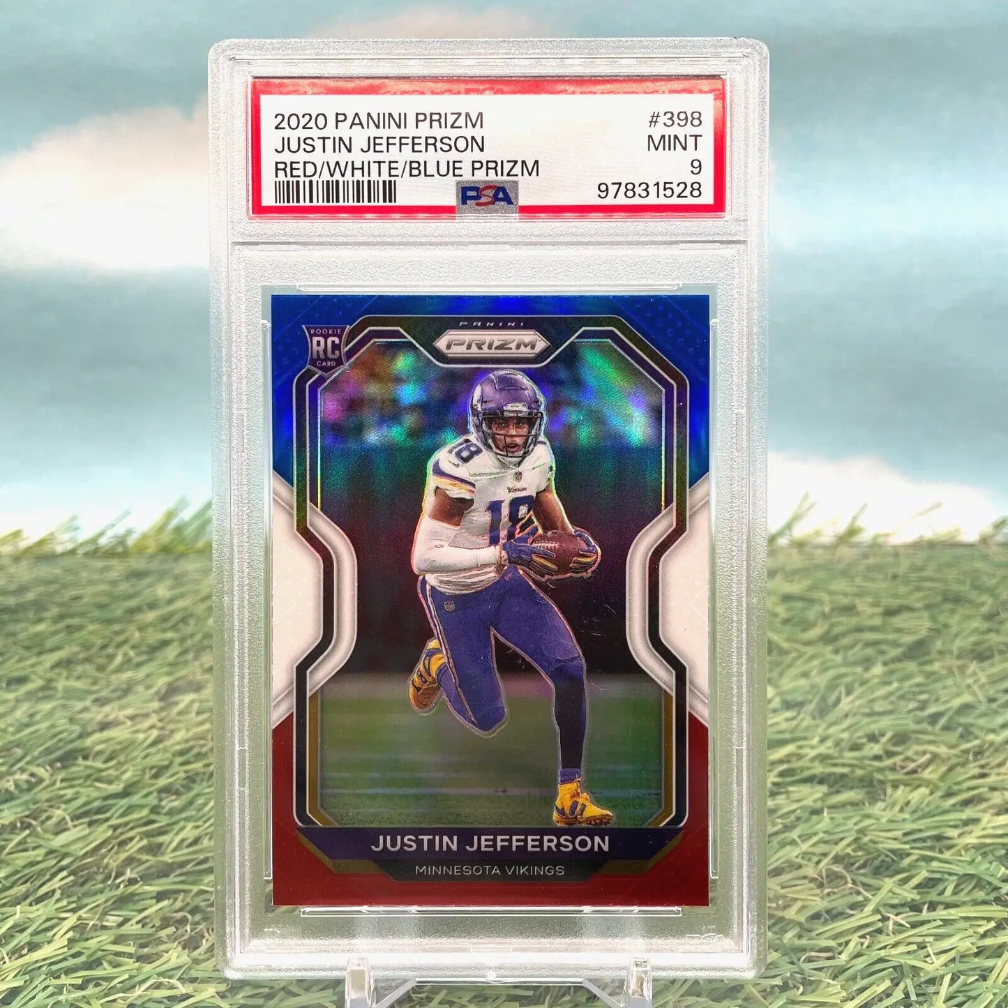 Graded Justin Jefferson 2020 Panini Prizm Red/White/Blue Rookie Card PSA 9 Vikings