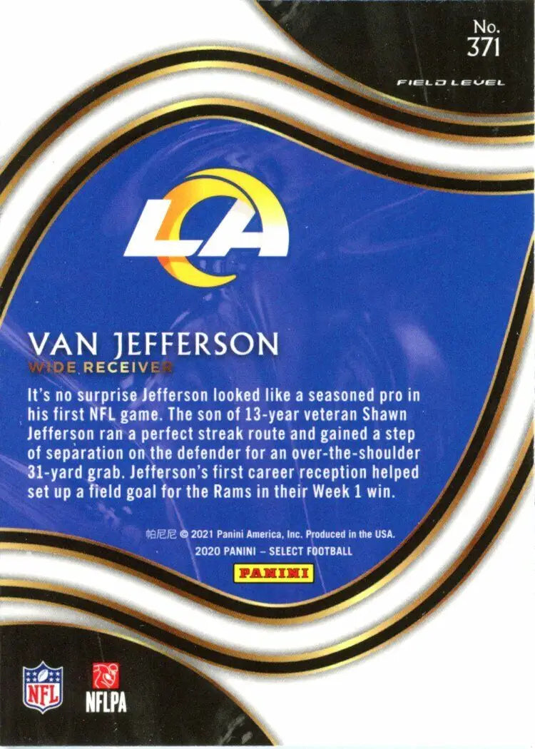 Van Jefferson Rookie Field Level Football Card from 2020 Panini Select #371 LA Rams