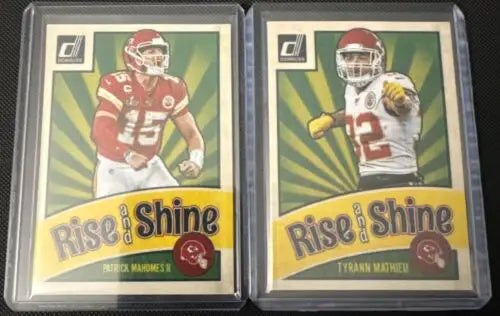 Two football trading cards featuring Patrick Mahomes and Tyrann Mathieu Shine Magnet