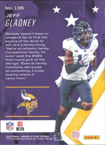 Jeff Gladney rookie card from 2020 Rookies and Stars, Minnesota Vikings NFL collectible