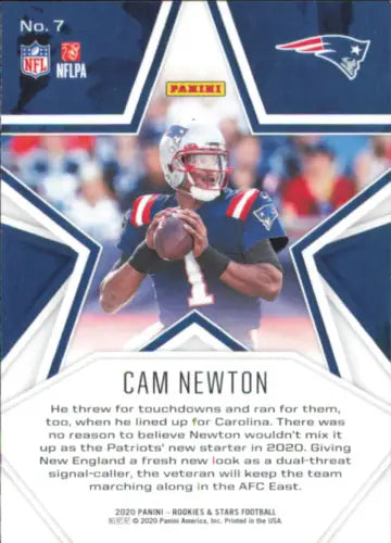 Cam Newton New England Patriots NFL football card from 2020 Rookies and Stars series