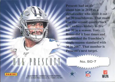 Dak Prescott 2020 Rookies and Stars Standing Ovation football card for Dallas Cowboys fans