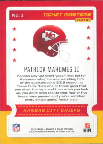 Patrick Mahomes II football card from 2020 Rookies and Stars Ticket Masters series