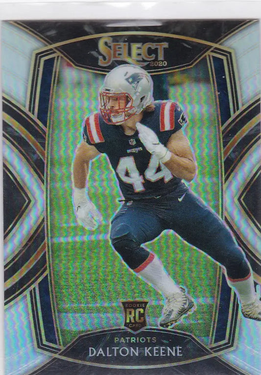 Football trading card of Dalton Keene in navy and white uniform, featuring Keene Silver Prizm