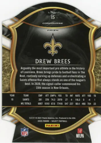 Back side of 2020 Select Prizm Neon Green Die Cut Drew Brees NFL trading card stats