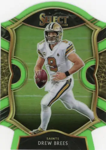 Green and gold Select Prizm Neon Green Die Cut card of Drew Brees, New Orleans Saints quarterback