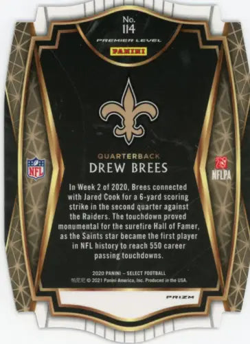 Black and gold NFL trading card of Drew Brees featuring Select Prizm Tri Color design