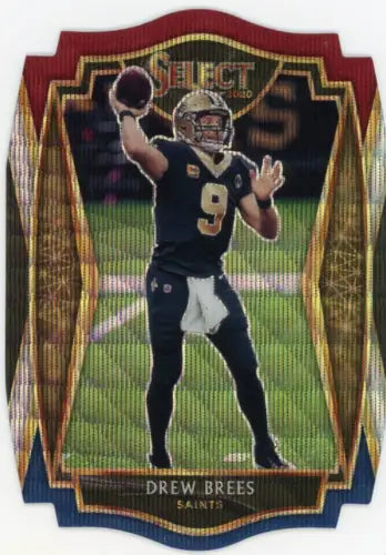 Football trading card of Drew Brees in Saints uniform, showcasing Prizm Tri Color Die Cut