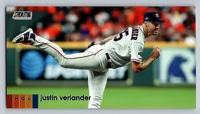 Baseball player Justin Verlander pitching in 2020 Stadium Club Oversized Widevision card