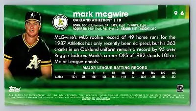 Mark McGwire baseball card from 2020 Stadium Club #96 Oversized Widevision collection