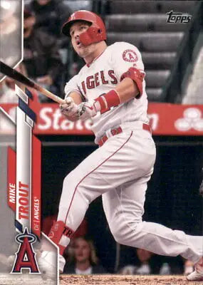 Baseball player swinging bat on 2020 Topps #1 Mike Trout Los Angeles Angels card