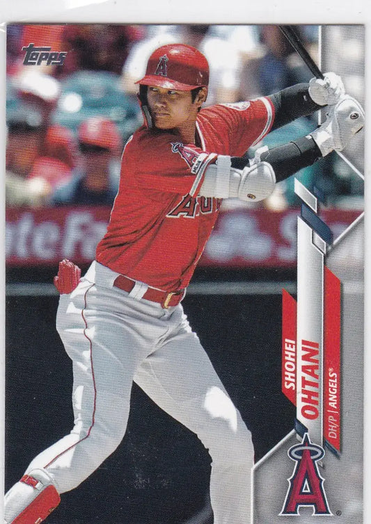 Baseball card of Shohei Ohtani in red uniform for Los Angeles Angels at bat