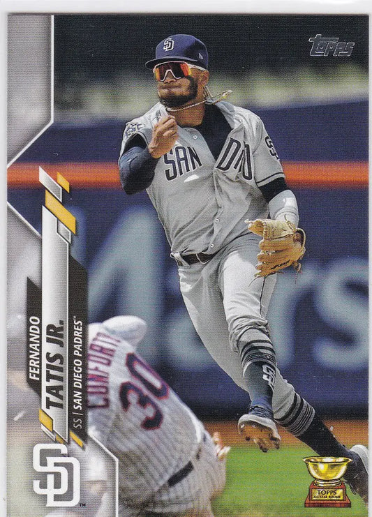 Baseball card of Fernando Tatis Jr turning a double play for the San Diego Padres