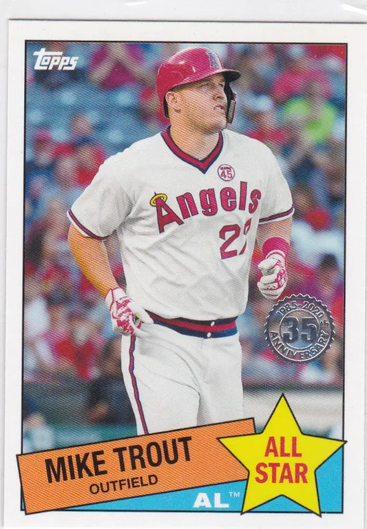 Baseball card of Mike Trout in Los Angeles Angels white home uniform with red accents